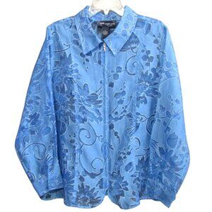 Susan Graver Style Burnout Full Zip Blue Top Womens Size 1X Sheer Floral A79883